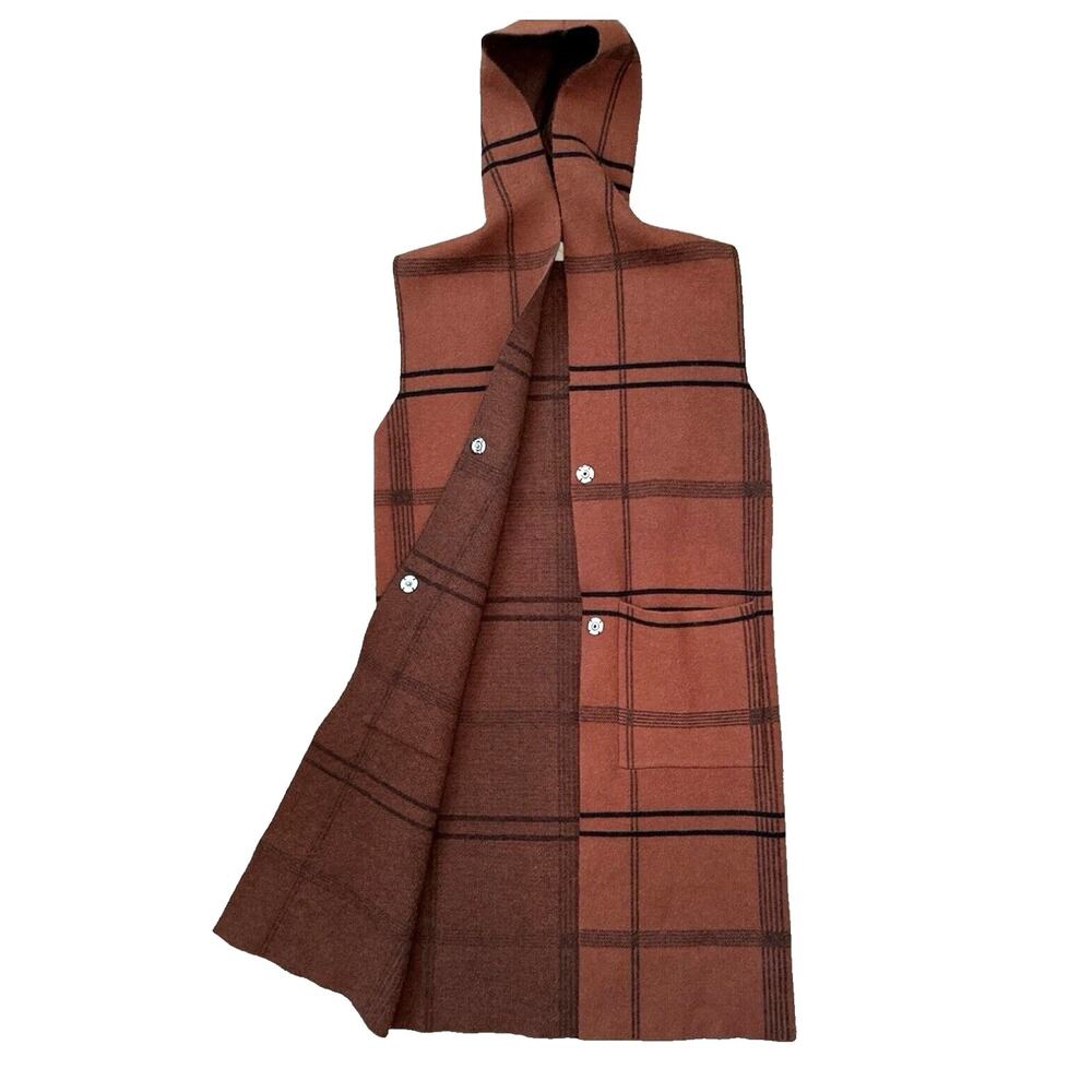 JADE Plaid Orange Brown Long Vest Button Down Vest Hoodie Women's Small /Medium